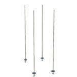 Four tall, slender stainless steel poles stand vertically on individual round bases against a plain white background, similar to the design of the Metro BTAS qwikTRAK Stationary Intermediate Unit Kit for Super Erecta Wire Shelving.