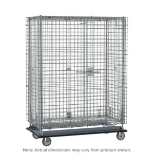 The Metro SEC53LC Super Erecta Heavy-Duty Mobile Security Shelving Unit in chrome features a large wire cart with a secure door and latch, mounted on four wheels, and measures 28.0625 x 38.5 x 68.4375.