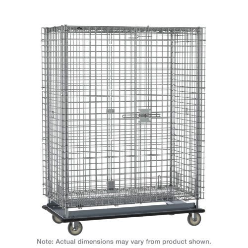 The Metro SEC53LC Super Erecta Heavy-Duty Mobile Security Shelving Unit in chrome features a large wire cart with a secure door and latch, mounted on four wheels, and measures 28.0625 x 38.5 x 68.4375.