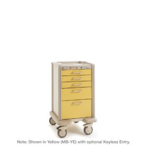 The vibrant yellow Metro MBPC3110TL Basix Plus Compact Medical Cart boasts a keyless entry system and five drawers of varying sizes. Displayed against a white background, it highlights its sleek design and functional versatility.