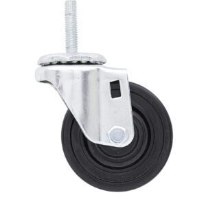 The Metro 3TM 3 Resilient Rubber Swivel Low Profile Caster has a black resilient rubber wheel and features a silver metal bracket with a threaded stem, perfect for versatile mobility on Super Erecta Industrial Wire Shelving Racks.