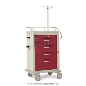 The Metro MBX3210CRT2 Basix Crash Cart offers a stylish white design with red drawers, a top rail, an IV pole, and smooth wheels for easy mobility, ensuring efficient organization and transport of medical supplies.