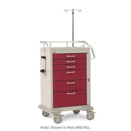 b9seddy6lavcwq39j80ts8plyjyuj9sh.jpg The Metro MBX3210CRT2 Basix Crash Cart offers a stylish white design with red drawers, a top rail, an IV pole, and smooth wheels for easy mobility, ensuring efficient organization and transport of medical supplies.