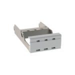 A 3D rendering of a gray rectangular metal bracket with a perforated front reminiscent of the Metro FL583 Flexline Label/Tape Dispenser, resembling computer or server hardware, is isolated on a white background.