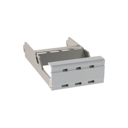 A 3D rendering of a gray rectangular metal bracket with a perforated front reminiscent of the Metro FL583 Flexline Label/Tape Dispenser, resembling computer or server hardware, is isolated on a white background.