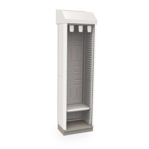 The Metro SXRS80SCATHTD is a tall, gray metal cabinet with multiple compartments for storage. Its single wide, full depth design features a slanted top and stands against a plain white background.