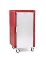 The Metro C548N-SL C5 4N Series Non-Powered Insulated Transport Cabinet features a red mobile design, lip load aluminum slides, 5/6 height, and a silver front door. It has a rectangular shape with four caster wheels for easy mobility.