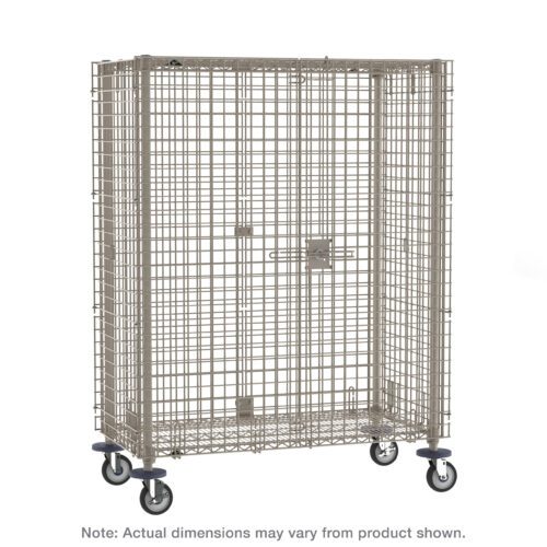 bd39uzw229u6zmluqhx84jg8ytb4b80n.jpg The Metro MQSEC53DE MetroMax Mobile Security Shelving Unit has a large metal wire cage with a latch door on four caster wheels for mobility. Measuring 27.8125 x 40.75 x 67.8125, it includes a note stating actual dimensions may vary from the product shown.