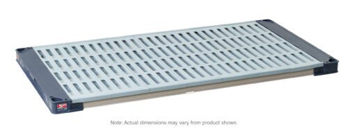 bd4gmff78hime81bai2wrt3xbhknq3jv.jpg The MetroMax 4 MAX4-2154G Plastic Industrial Shelf with Grid Mat measures 21 x 54, featuring a rectangular design with gray-edged, slatted shelves. Note: Actual dimensions may vary from product shown.
