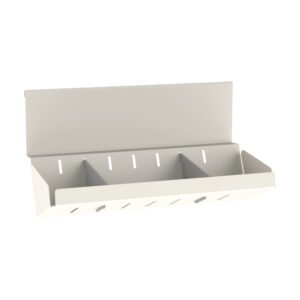 The Metro FL582 Flexline Flexline Full-Size Overbridge Utility Bin is a beige wall-mounted organizer with three compartments, front slits, and a perforated back panel, ideal for item storage against a plain white background.