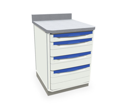 bg8v3o4k4b6jwqijzualuif4k9sh7wkj.jpg The Metro SXR30WC1 Starsys Workcenter features a gray counter, five drawers with blue handles, and a compact vertical design perfect for organizing medical supplies. Its back panel extends above the counter for enhanced functionality.