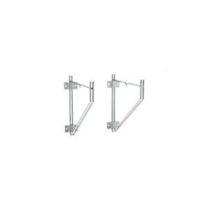 Two silver metal brackets with adjustable arms, designed specifically as Metro 12WB1C Erecta Shelf Wall Mounts for supporting one 12 wide Erecta wire shelf or similar items, are mounted against a white background.