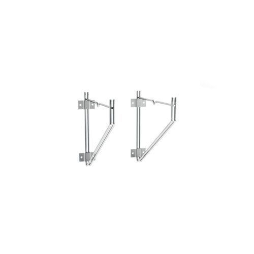 Two silver metal brackets with adjustable arms, designed specifically as Metro 12WB1C Erecta Shelf Wall Mounts for supporting one 12 wide Erecta wire shelf or similar items, are mounted against a white background.