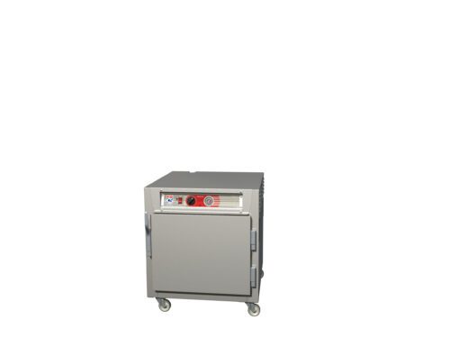 The Metro C563L-SFS-U C5 6 Series Insulated Reach-In Holding Cabinet, an industrial grey undercounter appliance on wheels with a full-length solid door, features a control panel and universal wire slides. It is isolated against a white background.