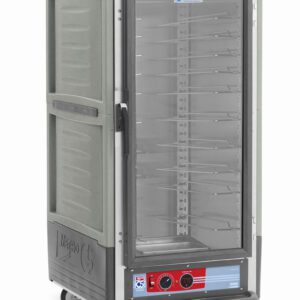 The Metro C537-HXFC-U-GY C5 3 Series insulated holding cabinet is a 3/4 height unit with a full-length clear door, multiple shelves on universal wire slides, and red and black accents on a sleek gray exterior. It operates at 220-240V with controls at the bottom front featuring intuitive dials and display.