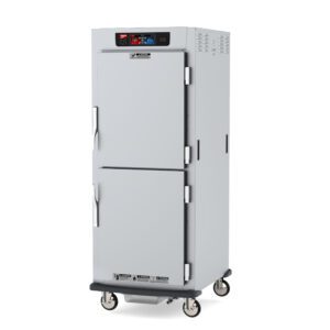 The Metro C599L-SDS-UPDS is a full-height stainless steel pass-thru cabinet with Dutch solid doors, universal wire slides, digital controls on top, and wheels for mobility. It operates at 120V and prominently displays the brand name above the top door.
