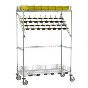 The Metro CPC55EC Super Erecta Wire Catheter Procedure Cart, measuring 24 x 48 x 68, features a metal rack on wheels with large casters, multiple yellow bins on the top shelf, rows of black and white storage clips in the middle, and an empty bottom shelf.
