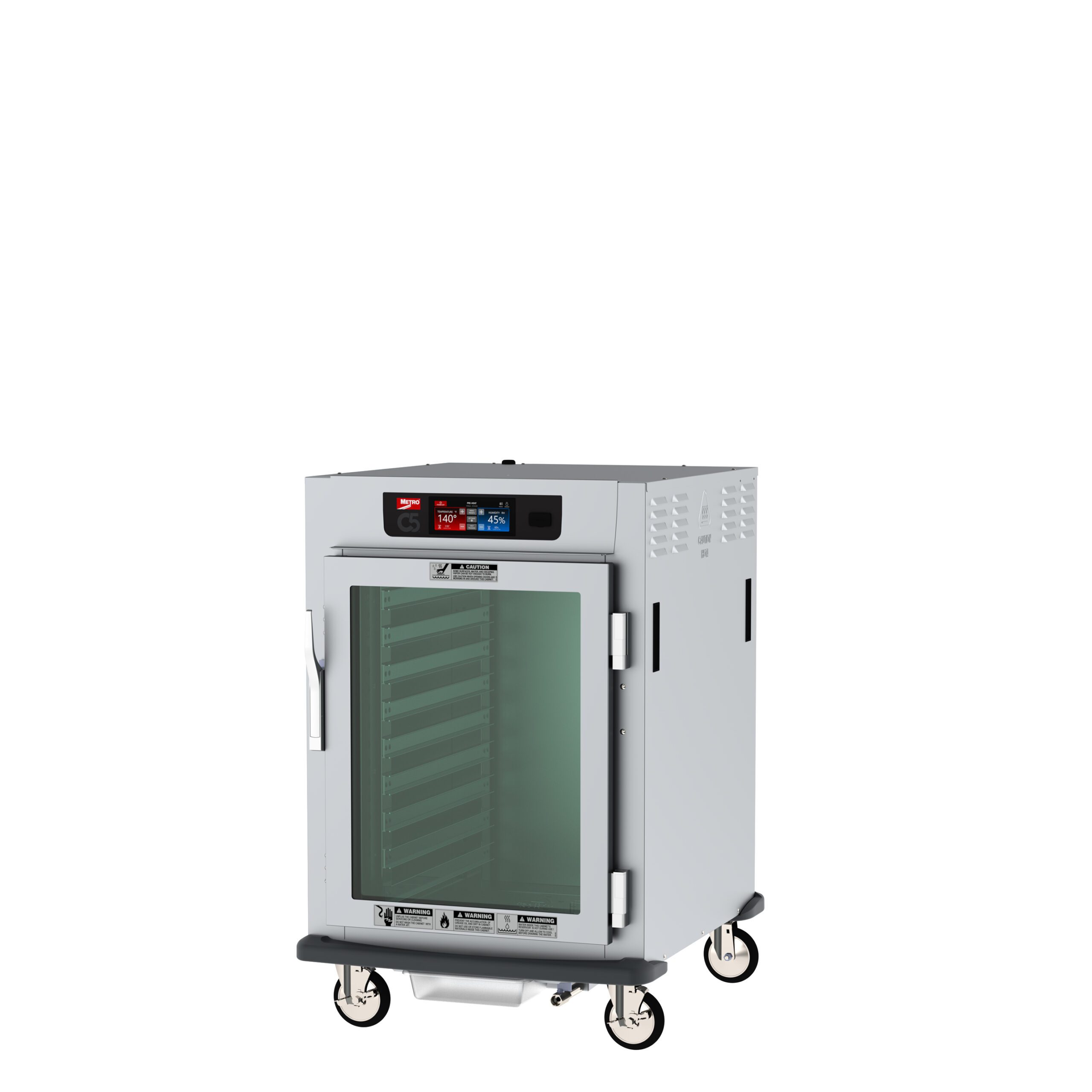 C5 9 Series Controlled Humidity Pass-Thru Heated Holding and Proofing Cabinet, 1/2 Height, Full Length Clear Door/Full Length Solid Door, Lip Load Slides, 120V 60Hz