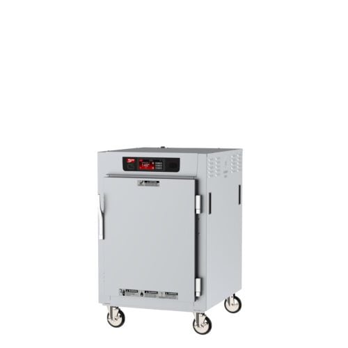 The Metro C585-SFS-LPFSA is a mobile 1/2 height pass-thru holding cabinet with full-length solid doors and lip load aluminum slides, operating at 120V, 60Hz. Ideal for professional kitchens or catering, it combines compact design with efficient mobility.