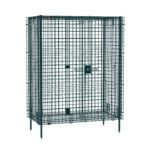 The tall, rectangular Metro SEC55K3 Super Erecta Shelving Unit in Metroseal Green Epoxy features mesh wire, a central secure latch door, and stands on four legs. Its crafted from dark metal with functional style. Dimensions: 27.25 x 50.5 x 66.8125.