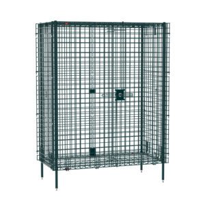 The tall, rectangular Metro SEC55K3 Super Erecta Shelving Unit in Metroseal Green Epoxy features mesh wire, a central secure latch door, and stands on four legs. Its crafted from dark metal with functional style. Dimensions: 27.25 x 50.5 x 66.8125.