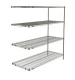 The Metro AN566BR Super Erecta 4-Shelf Industrial Wire Shelving Add-On Unit, measuring 24 x 60 x 63, features a Brite finish with four evenly spaced open wire shelves supported by vertical rods for sturdy storage.