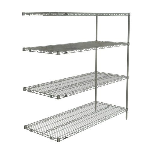 The Metro AN566BR Super Erecta 4-Shelf Industrial Wire Shelving Add-On Unit, measuring 24 x 60 x 63, features a Brite finish with four evenly spaced open wire shelves supported by vertical rods for sturdy storage.