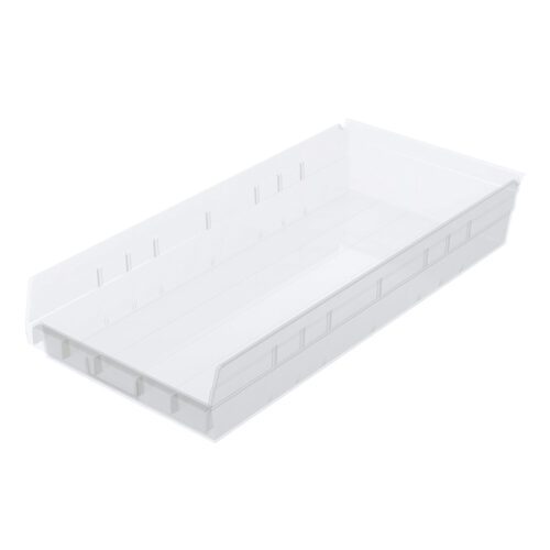 The Metro MB30174CLN Nesting Shelf Bin, measuring 23.6 x 10.6 x 4, is a clear, sturdy rectangular white plastic container with raised sides and an open top, ideal for efficient item storage or organization.
