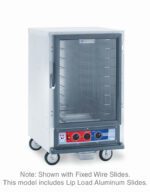The Metro C515-PFC-L C5 1 Series Proofing Cabinet is a half-height, stainless steel unit with a glass door and Lip Load Aluminum Slides. It operates at 120V, featuring base control dials and four wheels for easy mobility. Slide differences highlight its versatile design.