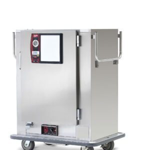 The Metro MBQ-72X One-Door Banquet Cabinet, featuring a 1650W stainless steel build and digital control panel, is designed for 220V settings with door handles on both sides for easy mobility.