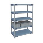 The Metro GWTX3-2 MetroMax i Glassware Tote Cart features a robust five-tier, blue-framed metal shelving with 18 x 36 gray shelves and two gray plastic bins on the second shelf. Standing at 60, its ideal for efficient organization of various items.