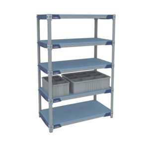 The Metro GWTX3-2 MetroMax i Glassware Tote Cart features a robust five-tier, blue-framed metal shelving with 18 x 36 gray shelves and two gray plastic bins on the second shelf. Standing at 60, its ideal for efficient organization of various items.