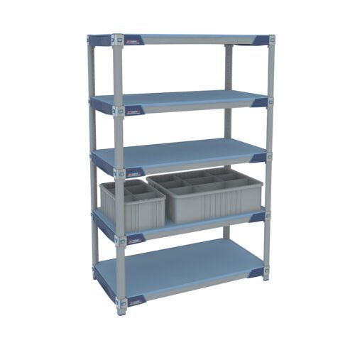 The Metro GWTX3-2 MetroMax i Glassware Tote Cart features a robust five-tier, blue-framed metal shelving with 18 x 36 gray shelves and two gray plastic bins on the second shelf. Standing at 60, its ideal for efficient organization of various items.