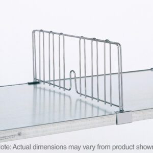 A Metro DD14FC Super Erecta 8 High Shelf Divider for Solid Shelves, Chrome, 14 on an industrial metal shelf mounted on vertical posts. Note: Actual dimensions may vary from product shown.