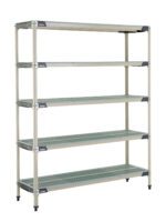 Introducing the MetroMax i 5X367GX3 5-Shelf Plastic Industrial Shelving Starter Unit, sized at 18 x 60 x 74, featuring five adjustable ventilated shelves with grid patterns for optimal airflow. Supported by sturdy legs with rubber feet, it offers versatile storage solutions.
