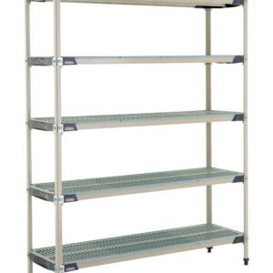 Introducing the MetroMax i 5X367GX3 5-Shelf Plastic Industrial Shelving Starter Unit, sized at 18 x 60 x 74, featuring five adjustable ventilated shelves with grid patterns for optimal airflow. Supported by sturdy legs with rubber feet, it offers versatile storage solutions.