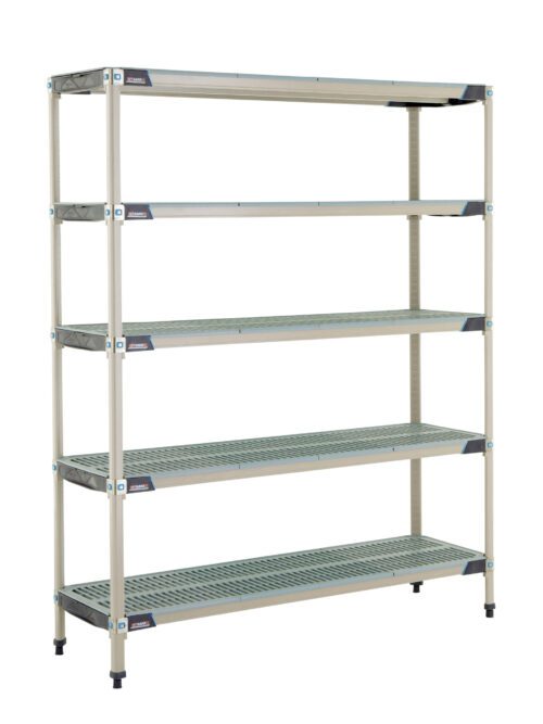 Introducing the MetroMax i 5X367GX3 5-Shelf Plastic Industrial Shelving Starter Unit, sized at 18 x 60 x 74, featuring five adjustable ventilated shelves with grid patterns for optimal airflow. Supported by sturdy legs with rubber feet, it offers versatile storage solutions.