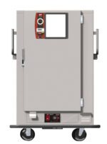 The Metro MBQ-90-QHA Banquet Cabinet features a gray industrial design with wheels and a 120V control panel hosting buttons and a gauge on the top left of the door. It operates at 1650W, 60Hz, includes side handles, and has a rectangular window near the top.