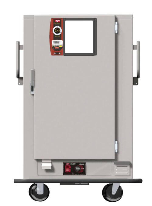 bnu9p64om3qxbwmuha0l7lod1jg0scn5.jpg The Metro MBQ-90-QHA Banquet Cabinet features a gray industrial design with wheels and a 120V control panel hosting buttons and a gauge on the top left of the door. It operates at 1650W, 60Hz, includes side handles, and has a rectangular window near the top.