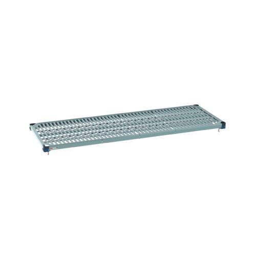 The MetroMax Q MQ2160G 21 x 60 Plastic Industrial Shelf features a grey grid design with perforations. Compact corner mounting brackets make it perfect for organizing and supporting items in industrial shelving systems.