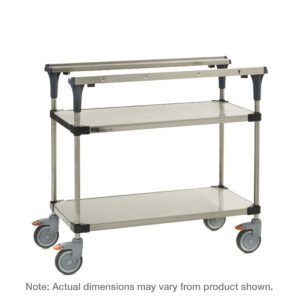 The Metro MS1830-FSFS PrepMate MultiStation 30 Prep Station boasts solid stainless steel top and bottom shelves with sturdy posts. It includes four swivel wheels and a horizontal handle for easy maneuvering. Note: Dimensions may vary from product shown.