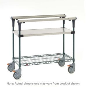 The Metro MS1830-FSNK PrepMate MultiStation 30 Prep Station features a utility cart with a solid stainless steel top shelf and a Metroseal Green Epoxy wire bottom shelf, supported by stainless steel posts and four large caster wheels. Note: Actual dimensions may vary from product shown.
