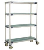 The MetroMax i X356EGX3 4-Shelf Mobile Cart features open grid shelves for ventilation, measures 18 x 48 x 67.3125, and includes adjustable corner brackets and wheels for robust storage and organization.