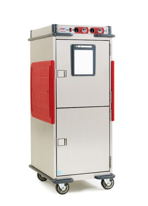 The Metro C5T9DX-ASF is a tall, full-height heated transport cabinet with Dutch solid doors, stainless steel build, red accents, fixed lip load slides, windowed door, control panel with dials and mobility handles. Designed for food storage and transport at 220-240V.