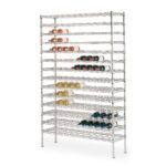 The Metro WC237C Super Erecta Cradle Wine Shelving measures 14 x 36 x 74.75 and holds up to 126 bottles. It features a sleek metal frame, ideal for displaying red, white, and rosé wines against a clean white backdrop.
