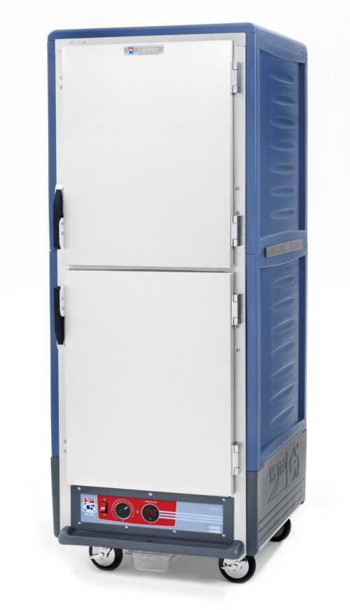 The Metro C539-HLDS-L-BU C5 3 Series Cabinet, featuring Dutch solid white doors and blue exterior, includes a red-accented control panel atop caster wheels for mobility. It uses lip load aluminum slides for smooth operation at 60Hz and is powered by 120V and 1440W.