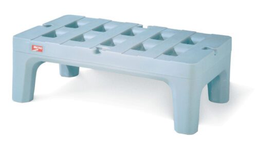 A light blue plastic step stool, with a grid-patterned top and four sturdy legs, resembles the durable 22 x 48 Metro HP2248PDMB Bow-Tie Dunnage Rack with Microban.