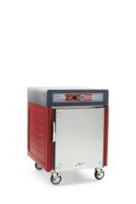 The Metro C545-ASFS-UA C5 4 Series Insulated Holding Cabinet is a mobile, red, stainless steel unit with a 1/2 height design. It features front control knobs, a thermometer, and a solid full-length door. Its modern industrial style complements its efficient 120V, 60Hz operation using 1400W.