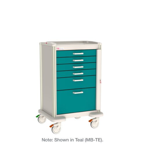 bwijn7oldgoswfaeeg1u8nmrjh08krqz.jpg The Metro MBP4101TB Basix Plus Medical Cart in teal features six drawers, a top compartment, and four caster wheels for easy mobility, ensuring efficient medical supply organization.