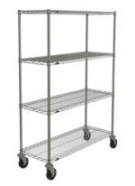 The Metro N356BBR Super Erecta is a 67.875 tall, four-shelf industrial wire shelving unit with Brite finish, measuring 18 x 48. It features vertical metal rods for support and black swivel casters for enhanced mobility.